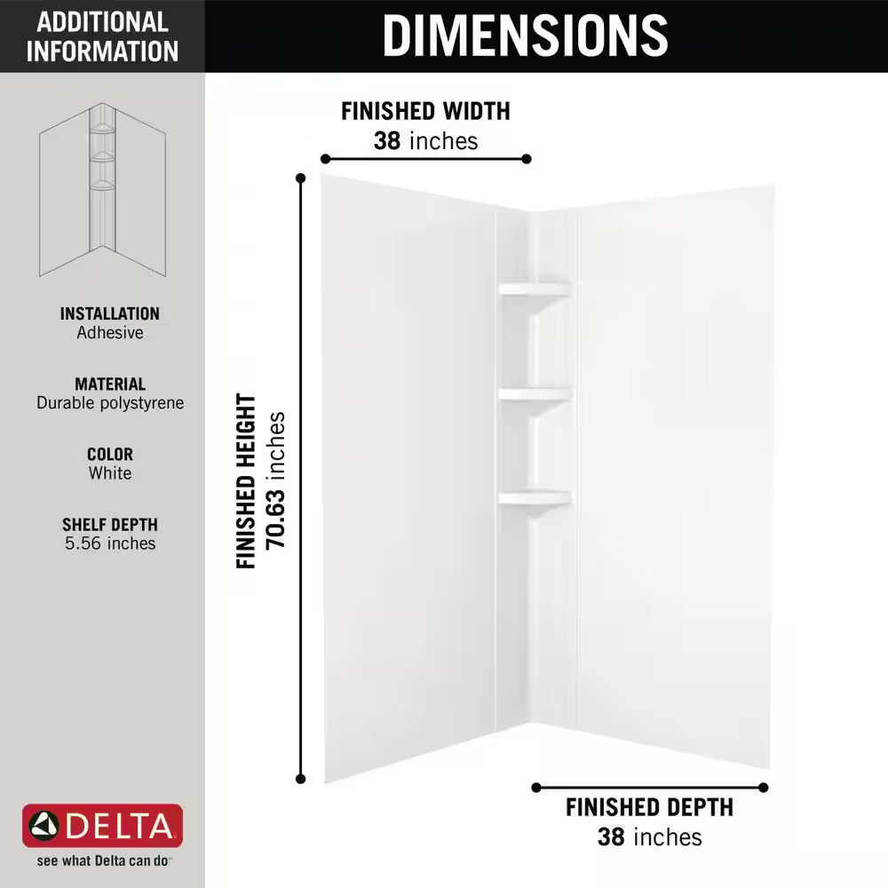 38 In. W X 70.63 In. H 3-Piece Glue up Corner Shower Wall Surrounds in White