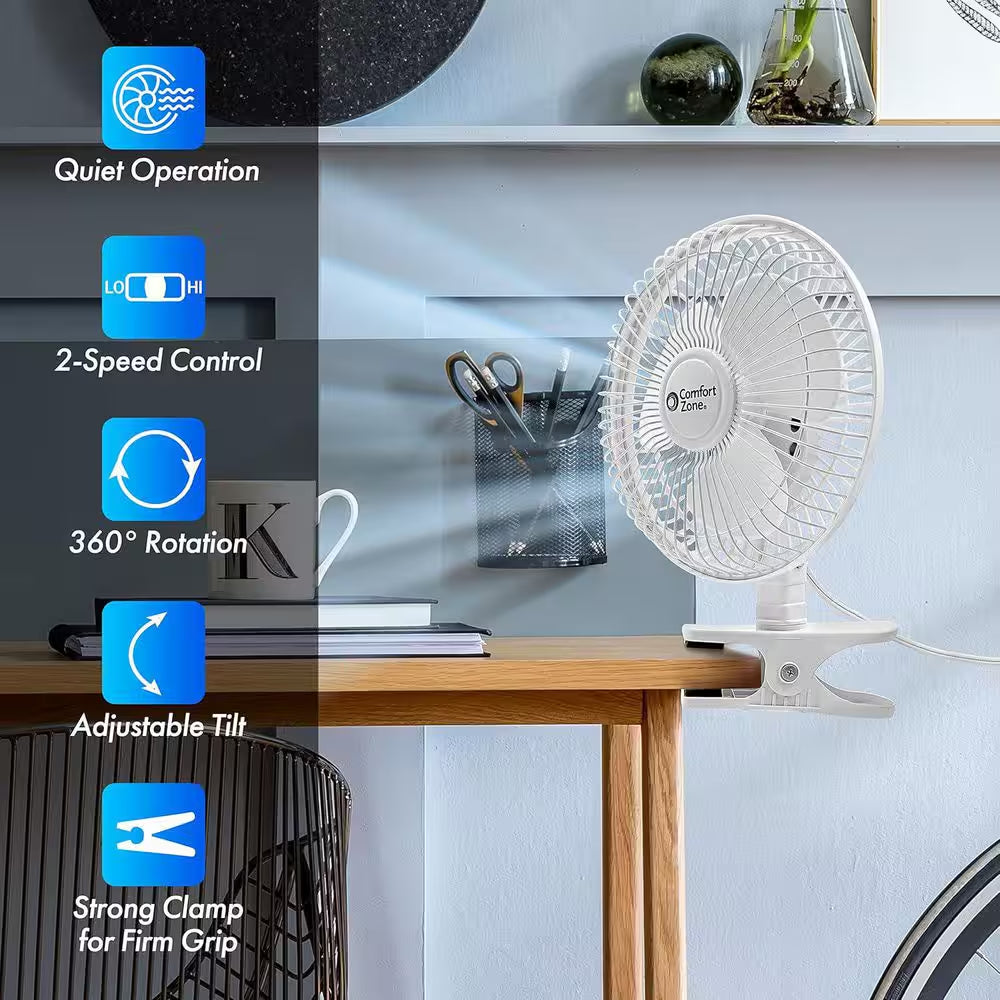 6 In. Quiet Portable Indoor 2-Speed Desk Fan with Clip and Fully Adjustable Tilt in White