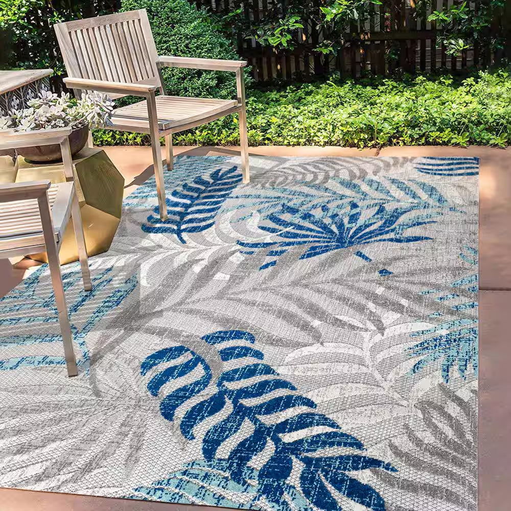 Tropics Palm Leaves Gray/Blue Indoor/Outdoor 8 Ft. X 10 Ft. Area Rug