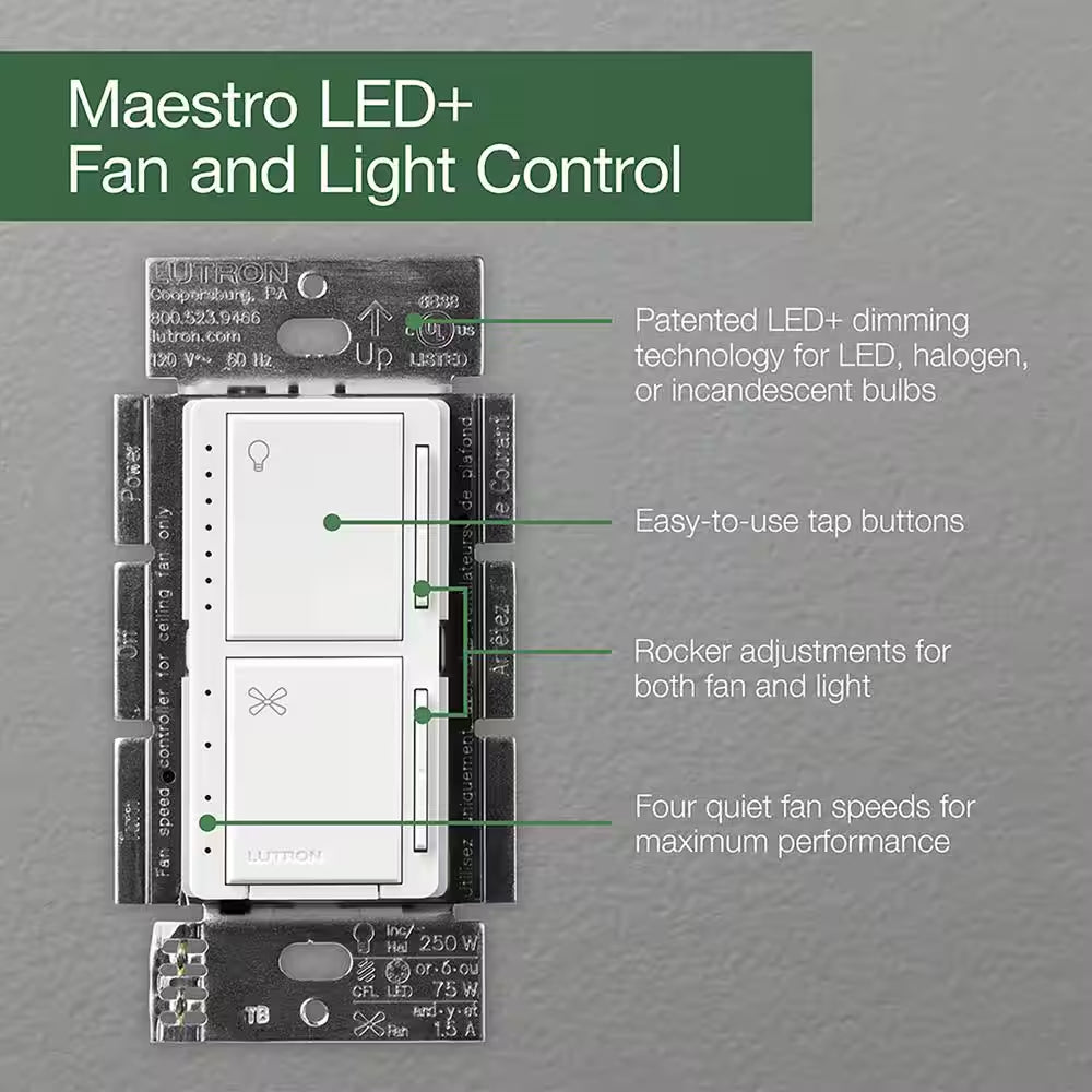 Maestro Fan Control and Light Dimmer for Dimmable LED and Incandescent Bulbs, 75W/Single-Pole, White (MACL-LFQH-WH)