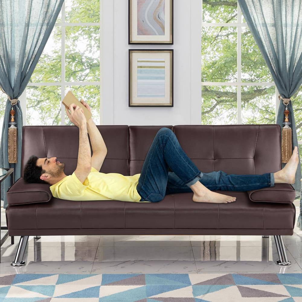 66 in Espresso Futon Sofa Mattress Faux Leather Couch with Armrest and 2-Cupholders Square Arm Rectangle with Metal Legs
