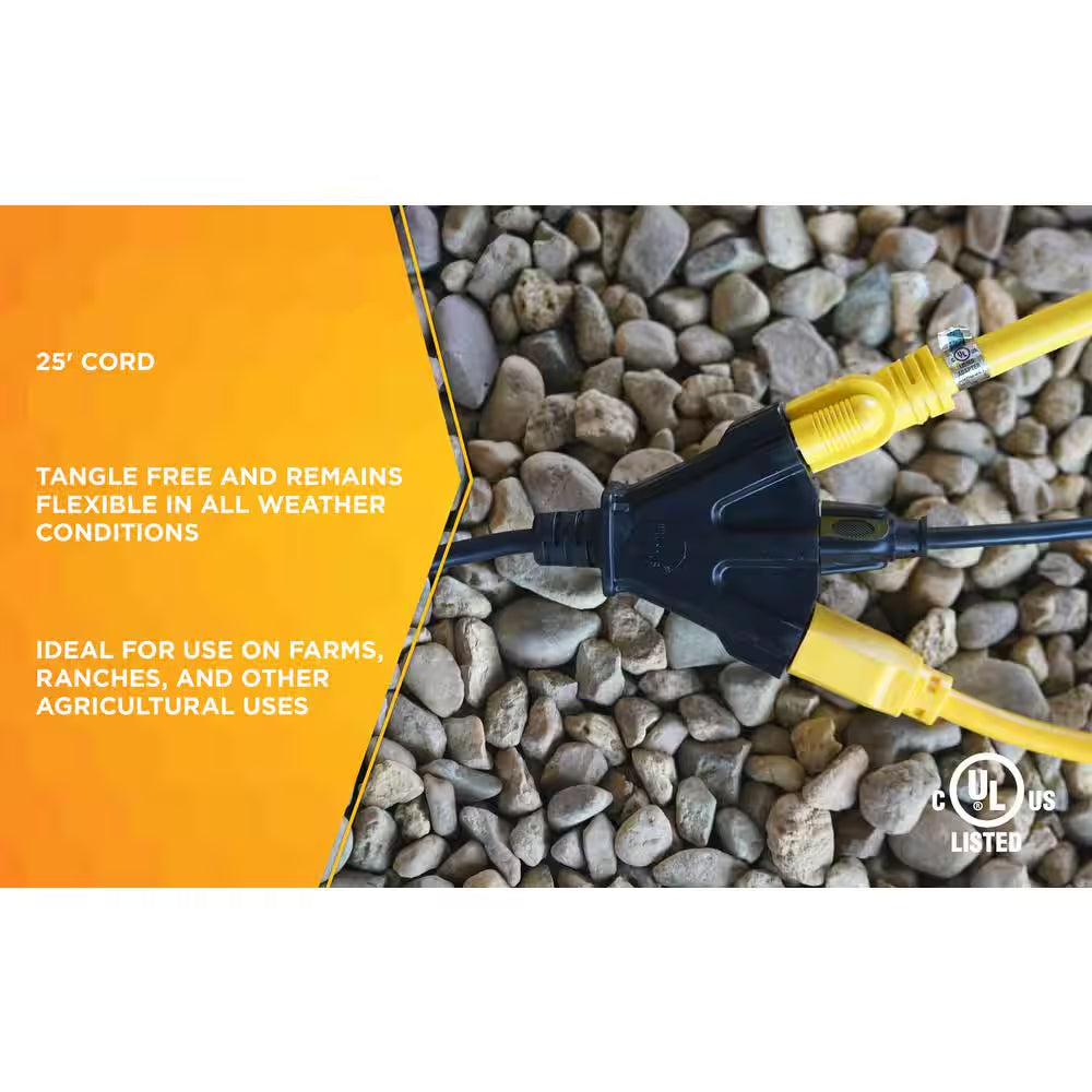 25 Ft. 14/3 SJTOW Agricultural Outdoor Heavy-Duty Extension Cord with Power Block