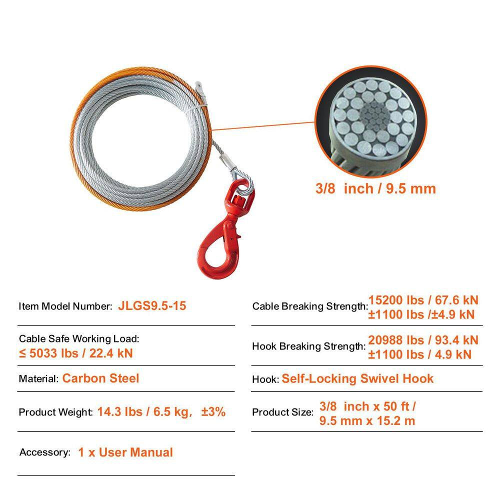 Galvanized Steel Winch Cable, 3/8 In. X 50 Feet 15,200 Lbs. Breaking Strength, Wire Winch Rope with Swivel Hook