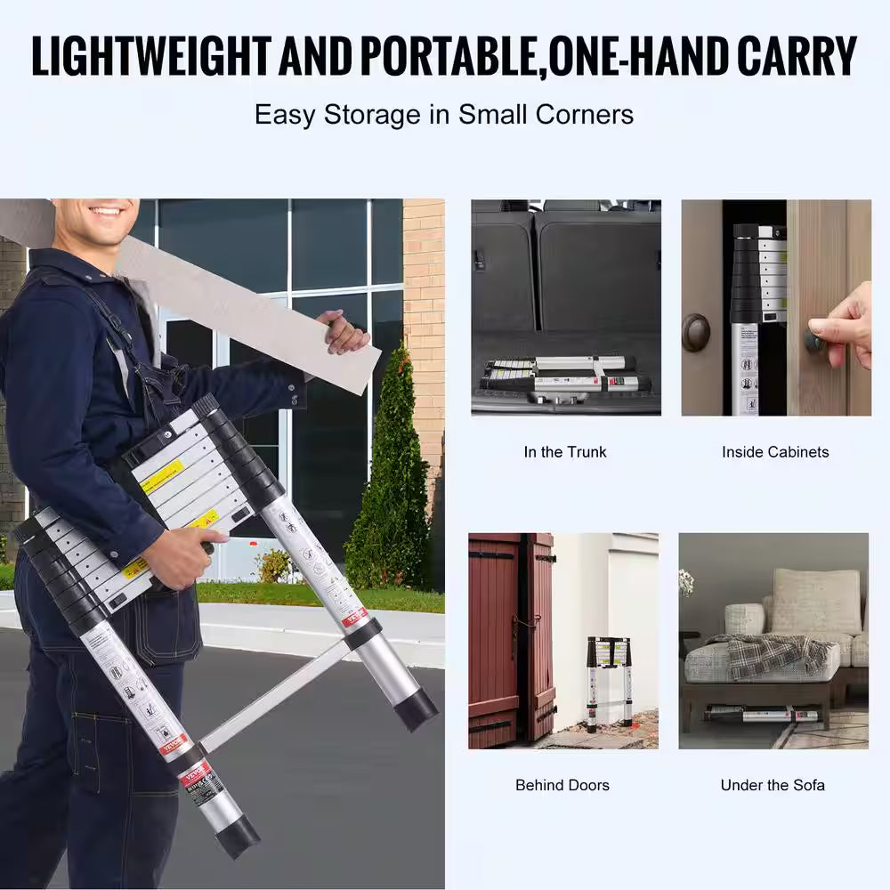 Telescoping Ladder, 8.5 Ft. Aluminum Lightweight Extension Ladder, 1-Button Retraction Collapsible Ladder