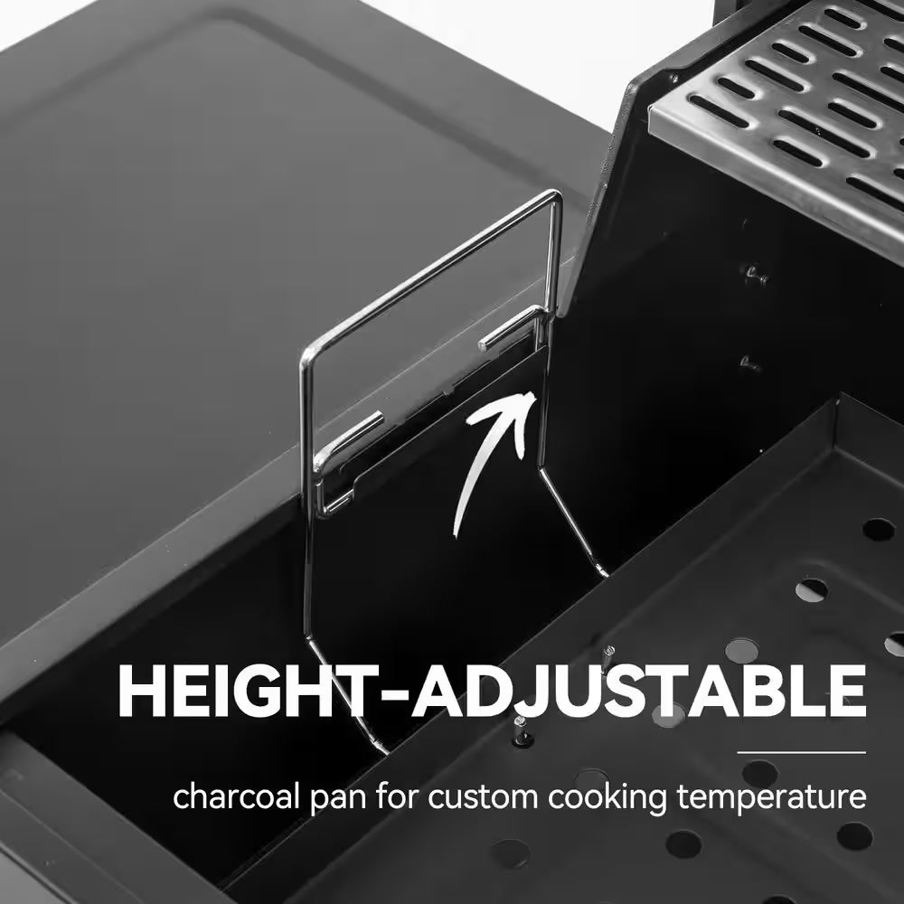 24 In. Movable Charcoal Grill in Black, 2 Foldable Side Shelves, 2-Level Height-Adjustable Charcoal Pan