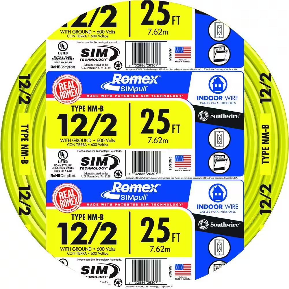 25 Ft. 12/2 Solid Romex Simpull CU NM-B W/G Wire
