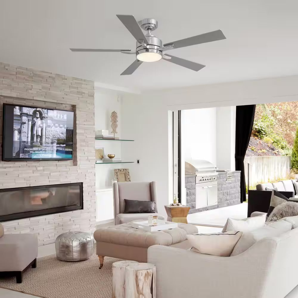52 In. Indoor Modern Chrome Ceiling Fan with LED Light and Remote Control for Bedroom and Living Room