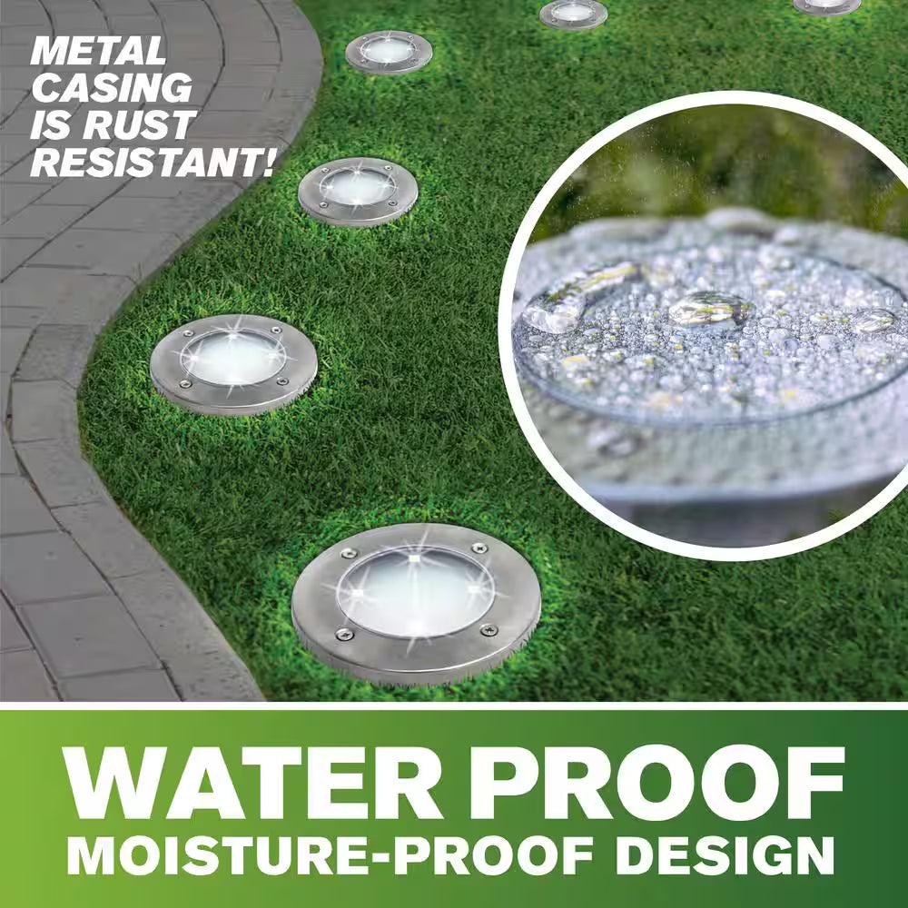 Solar Powered Stainless Steel Outdoor Integrated LED Super Bright In-Ground Path Disk Lights (8 per Box)