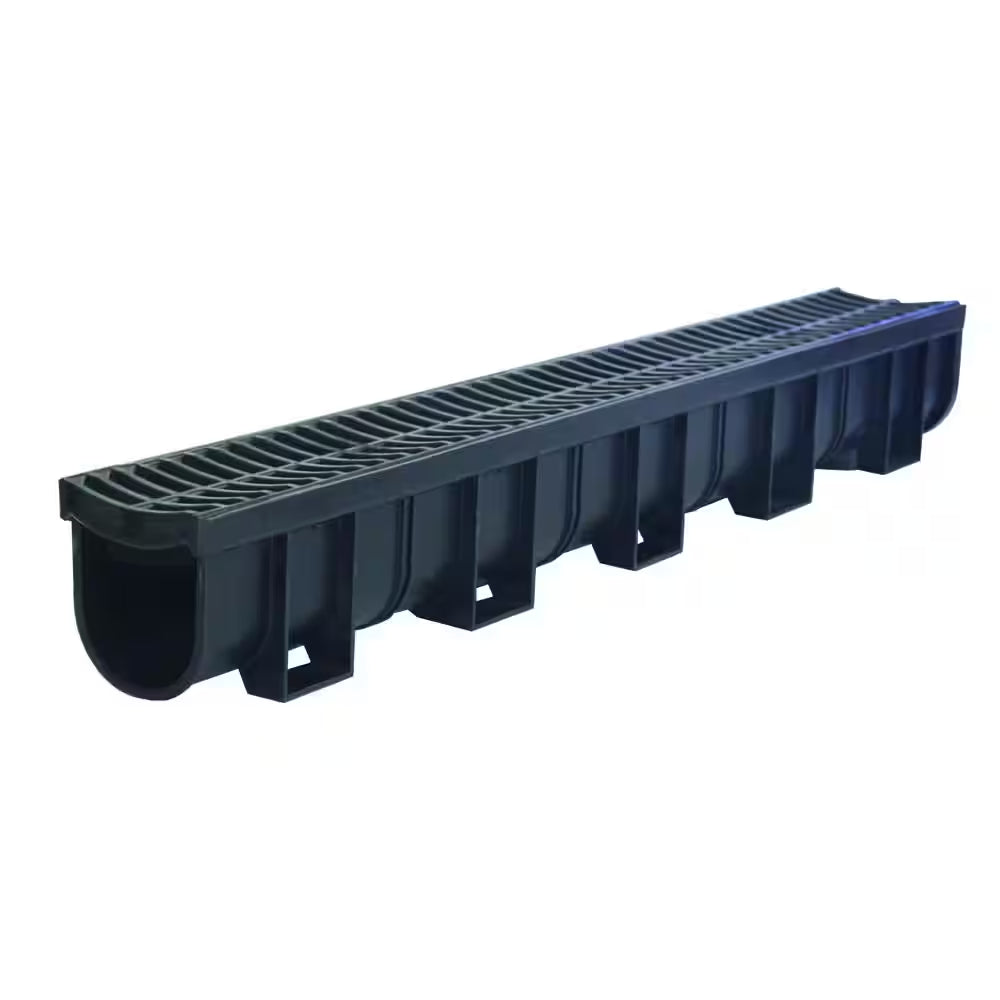 Deep Series 5.4 In. W X 5.4 In. D X 39.4 In. L Channel and Grate with Bottom Outlet with Black Grate
