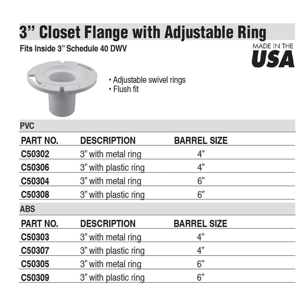 7 In. O.D. PVC Closet (Toilet) Flange with 6 In. Long Barrel and Plastic Adjustable Ring, Fits inside 3 In. Sch. 40 Pipe