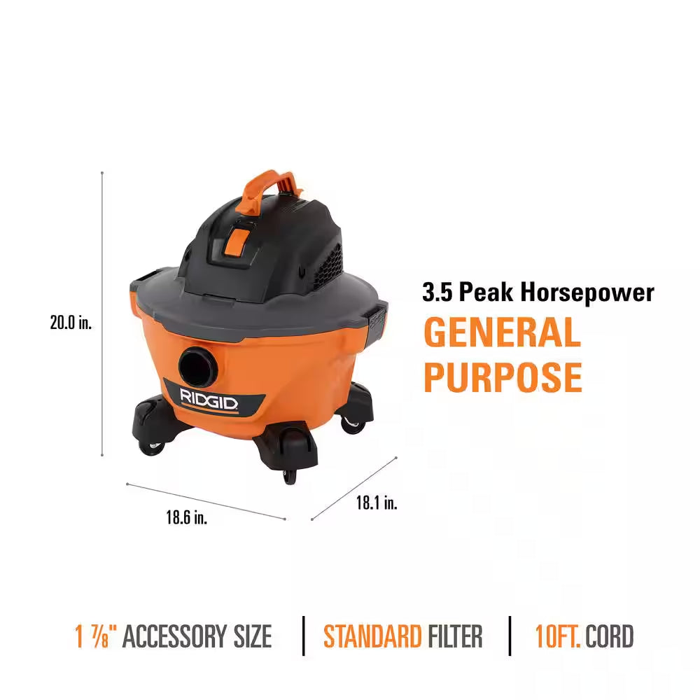 6 Gal. 3.5 Peak HP NXT Shop Vacuum Wet Dry Vac with General Debris Filter, Locking Hose and Attachments HD06001