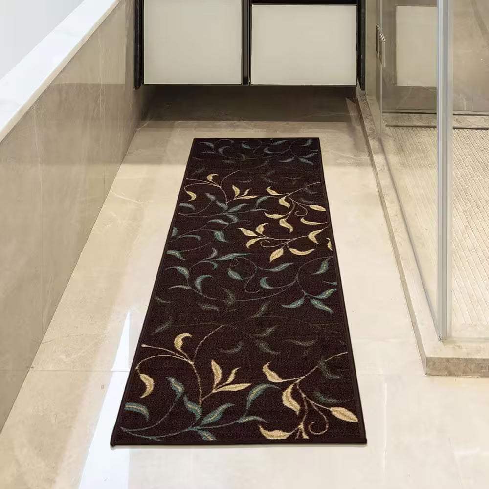 Ottohome Collection Non-Slip Rubberback Leaves Design 3X10 Indoor Runner Rug, 2 Ft. 7 In. X 9 Ft. 10 In., Dark Brown