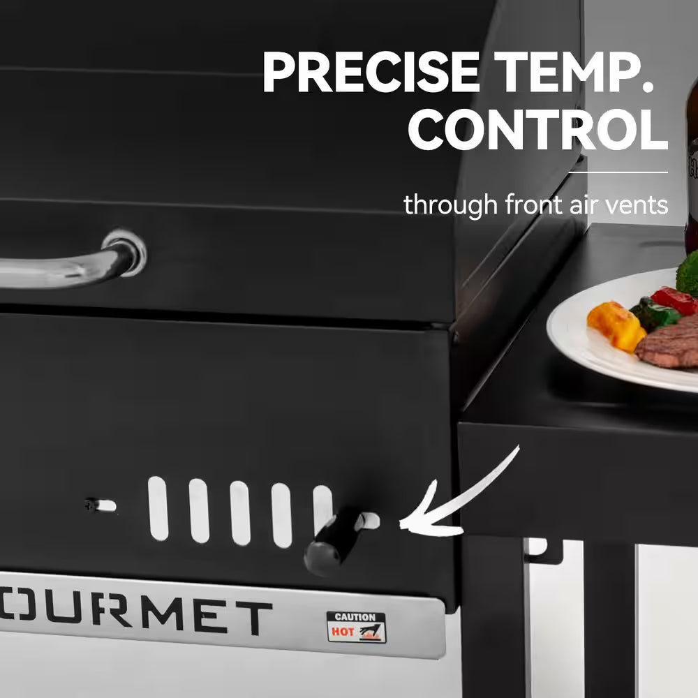 24 In. Movable Charcoal Grill in Black, 2 Foldable Side Shelves, 2-Level Height-Adjustable Charcoal Pan
