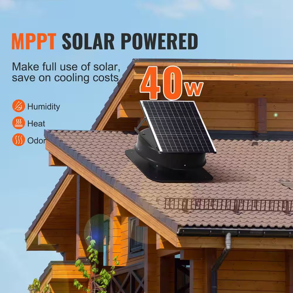 Solar Attic Fan, 40 W, 1230 CFM High Airflow Roof Vent Fan, Weatherproof with 110 V Smart Adapter Black 2025 Update