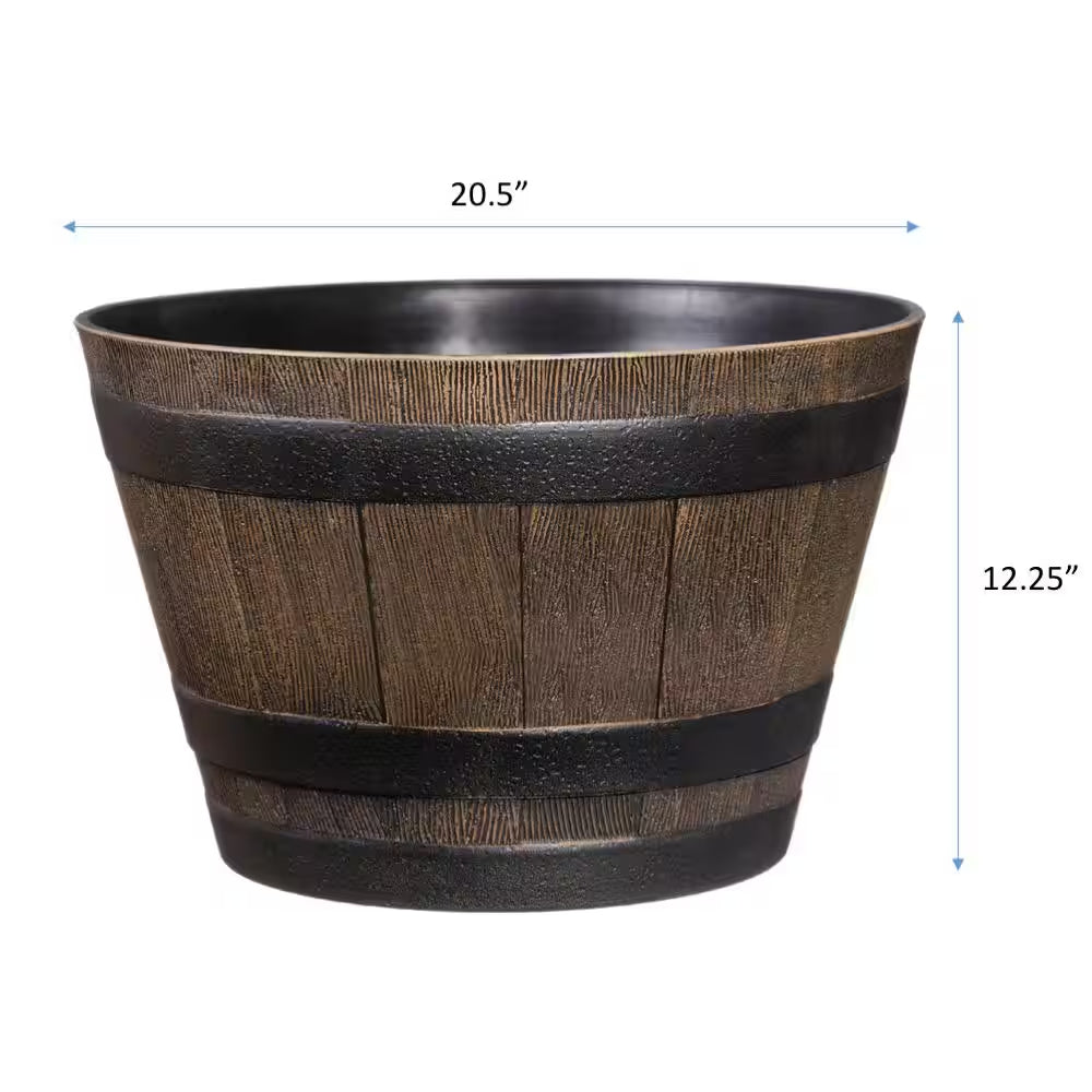 Kentucky Walnut Large Resin Whiskey Barrel Planter (20.5 In. L X 20.5 In. W X 12.25 In. H)