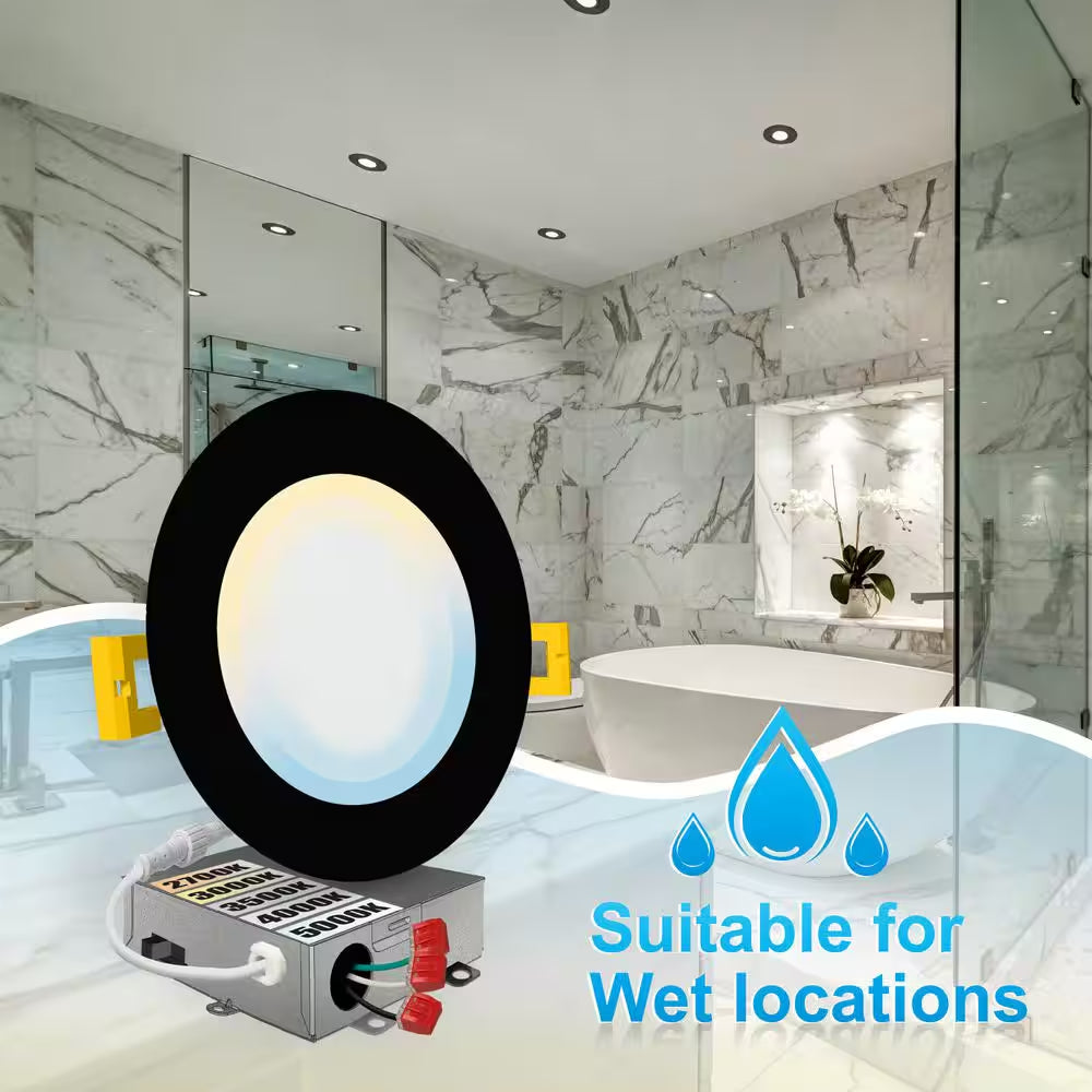 6 In. LED Black round New Construction IC Rated Slim Canless Integrated LED Recessed Light Kit 5 CCT Dimmable (12-Pack)