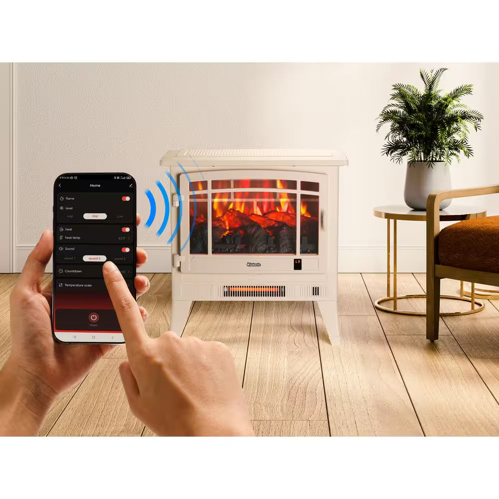 Suburbs 25 In. Wi-Fi Enabled Electric Fireplace Infrared Heater with Crackling Sound Freestanding Fireplace Stove, Ivory