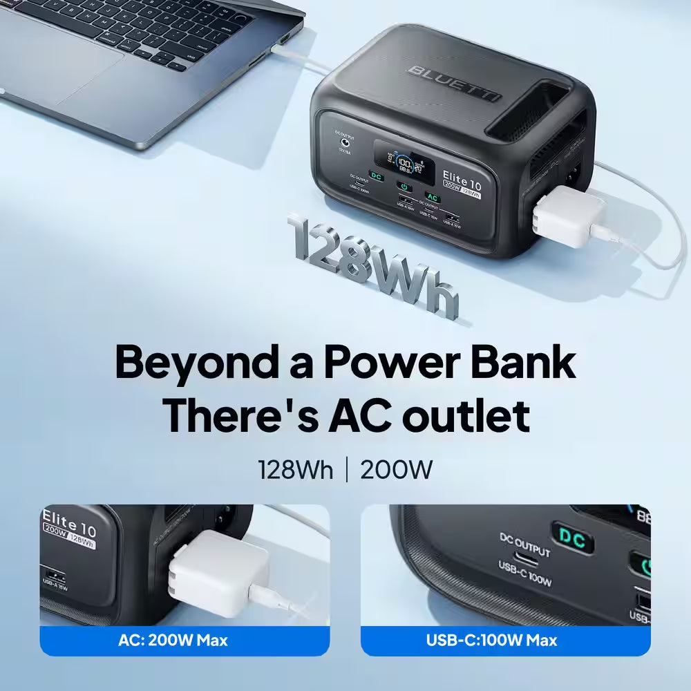 200W Continuous/600W Peak Output 128Wh Portable Power Station, Push Button Start Battery Solar Generator for Campsite