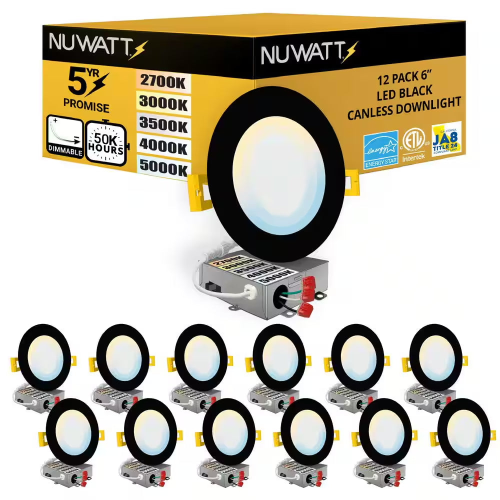 6 In. LED Black round New Construction IC Rated Slim Canless Integrated LED Recessed Light Kit 5 CCT Dimmable (12-Pack)