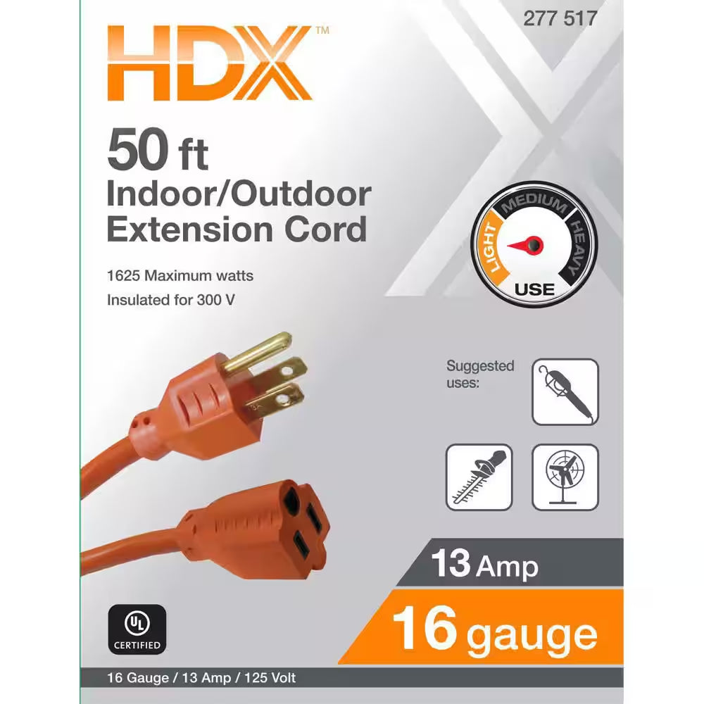 50 Ft. 16/3 Light Duty Indoor/Outdoor Extension Cord, Orange