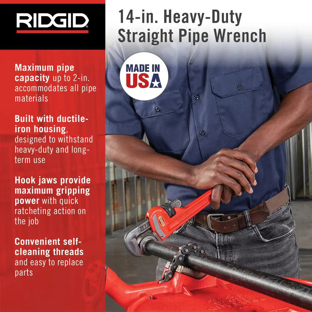 14 In. Straight Pipe Wrench for Heavy-Duty Plumbing, Sturdy Plumbing Pipe Tool with Self Cleaning Threads and Hook Jaws
