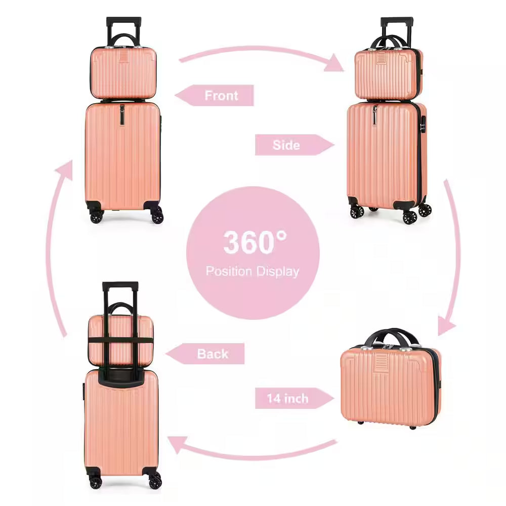 2-Piece Carry on Luggage Set Hard Side Lightweight Suitcase with 4 Spinner Wheels(14/20, Rose Gold)