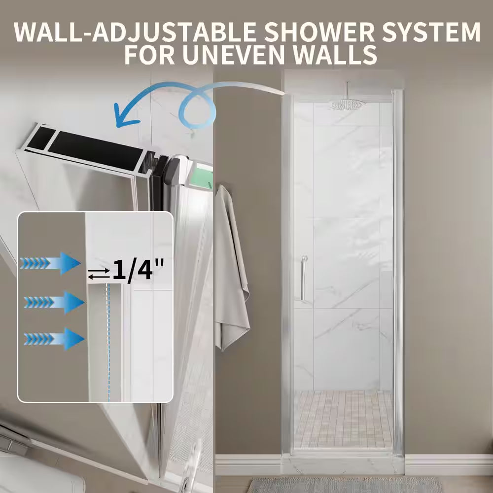 24-26 In. W X 72 In.H Frameless Pivot Shower Door in Chrome with Clear Glass