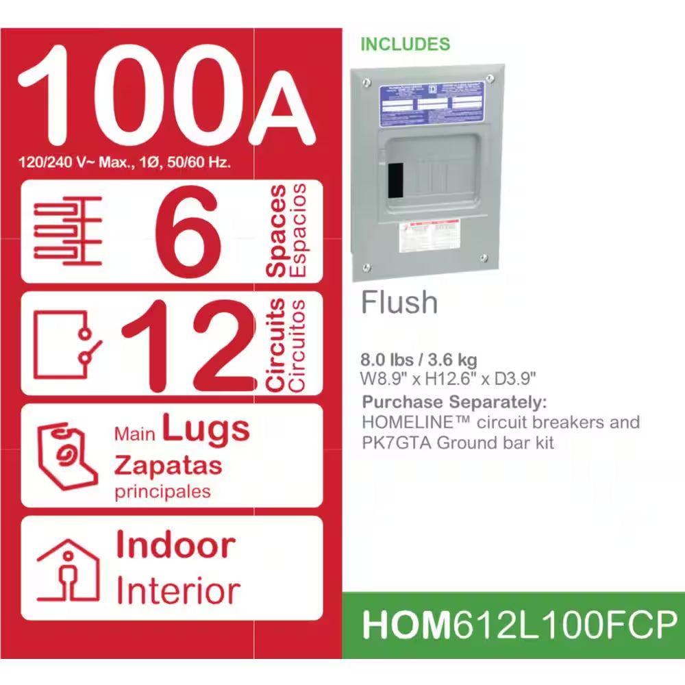 Homeline 100 Amp 6-Space 12-Circuit Indoor Flush Mount Main Lug Load Center with Cover No Door(Hom612L100Fcp)