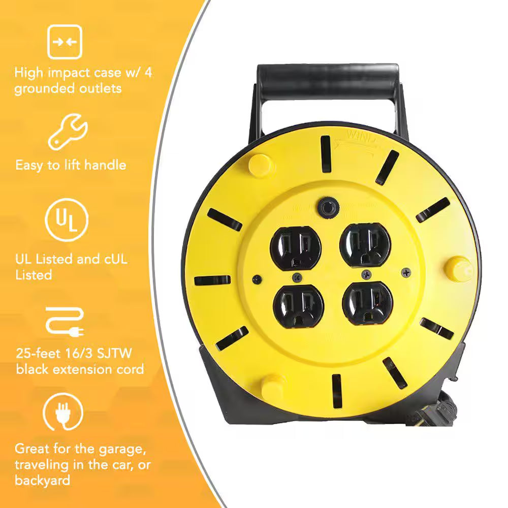 25 Ft. 16/3 Multi-Outlet (4) Portable Extension Cord Reel Power Station