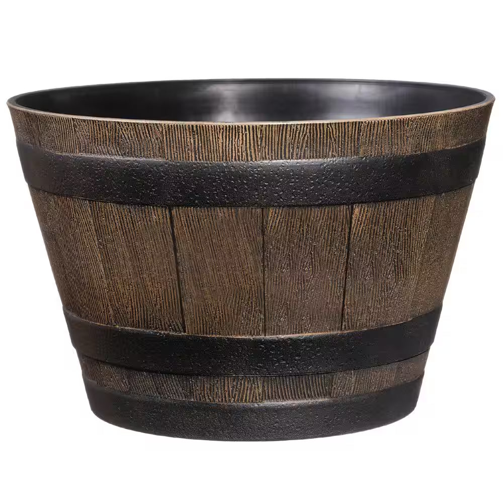 Kentucky Walnut Large Resin Whiskey Barrel Planter (20.5 In. L X 20.5 In. W X 12.25 In. H)