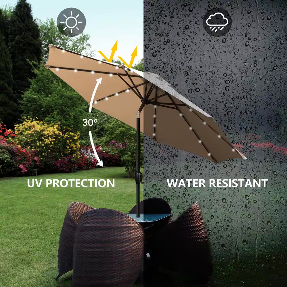 9 Ft. Steel Market Solar Lighted 8-Rib round Patio Umbrella in Taupe