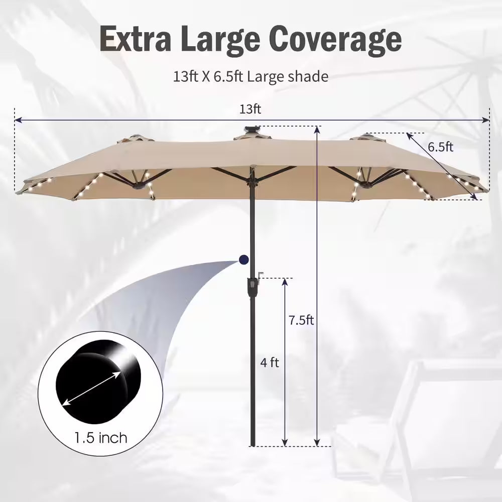 13 Ft. Steel Market 8-Color Solar LED Lights Patio Umbrella in Beige