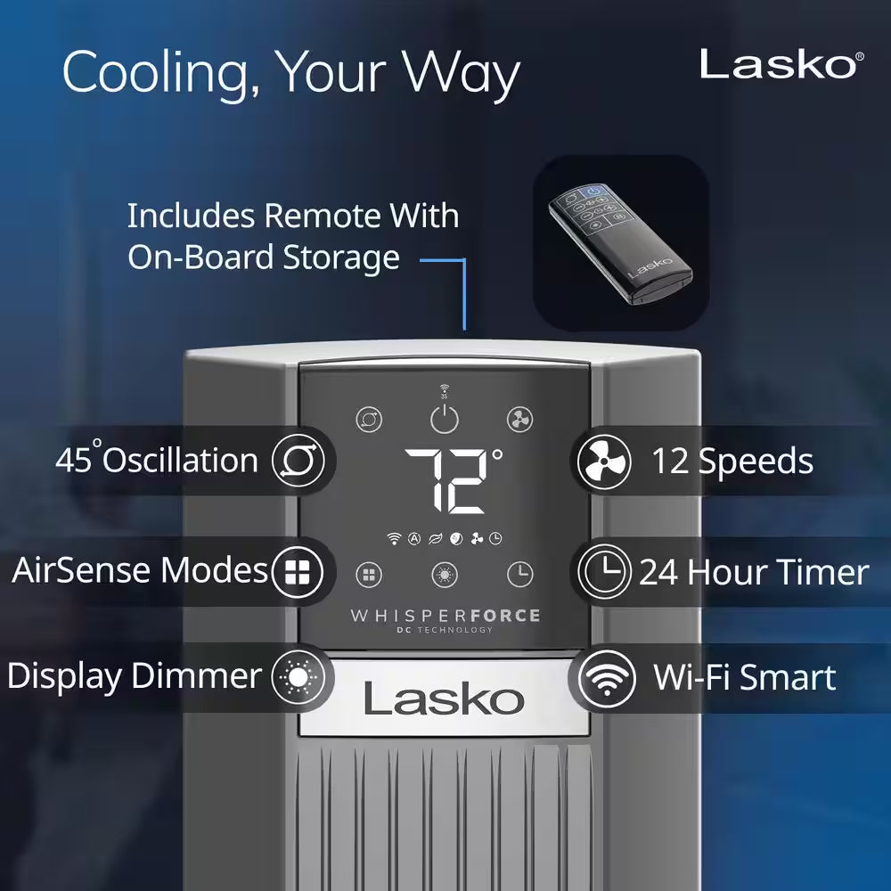 Xtra Air 48 In. 12-Speed Smart Tower Fan in Gray W/ DC Motor, Works W/ Alexa, Google, Whisper Quiet, Remote, 12 In. Dia