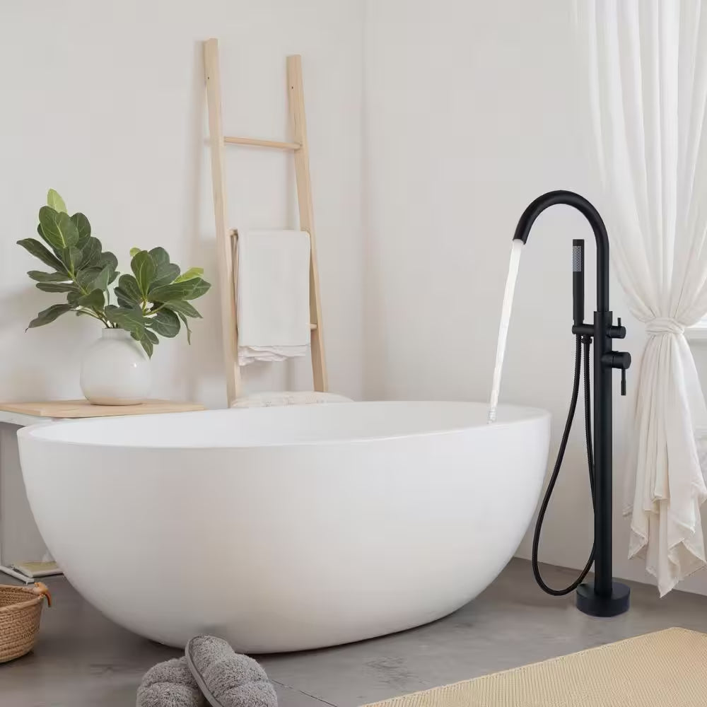 2 Handle Freestanding Tub Faucet with Hand Shower and Feature in Matter Black