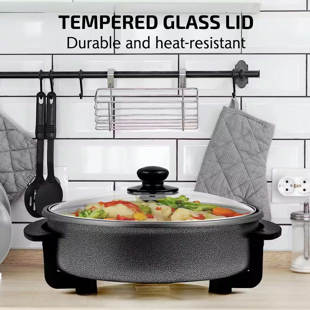 113 Sq. In. Black Electric Skillet with Nonstick Coating, Frying Pan with Tempered Glass Lid