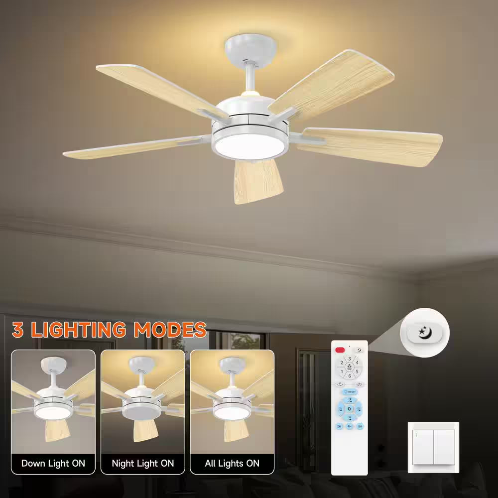 T5 Series 46 In. Indoor White Ceiling Fan with Dimmable 3-CCT Light and Bedroom Mood Light, Reversible Quiet DC Motor