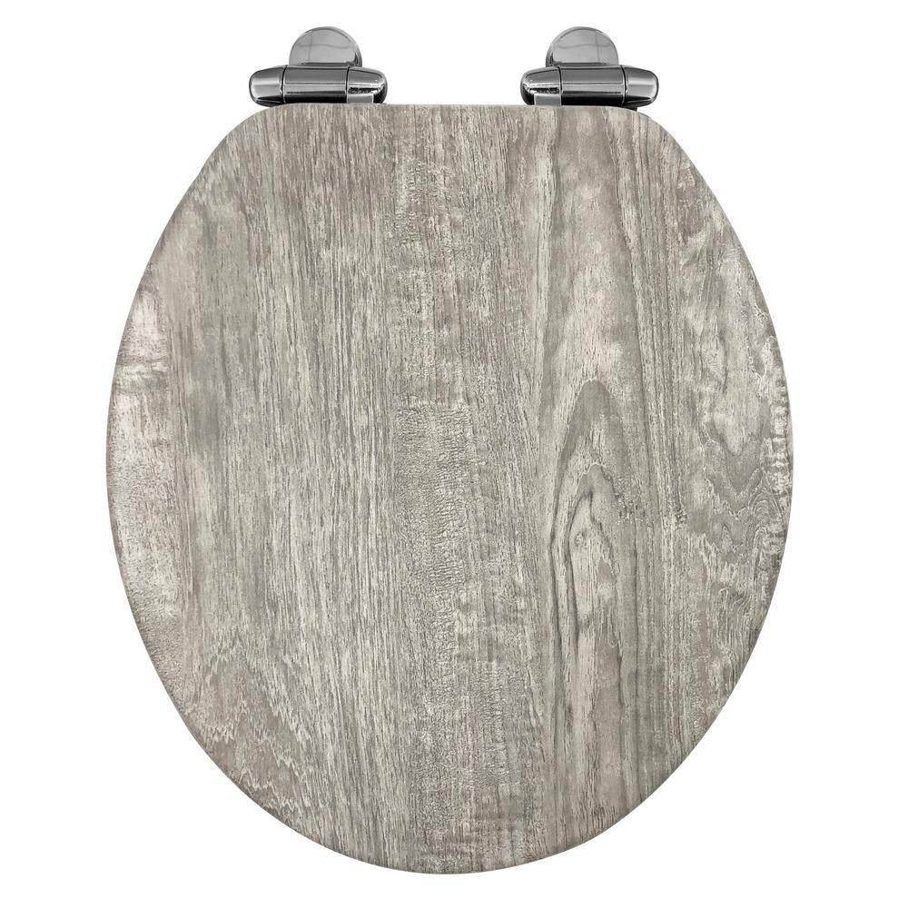 Round Distressed Wood Closed Front Toilet Seat in Gray