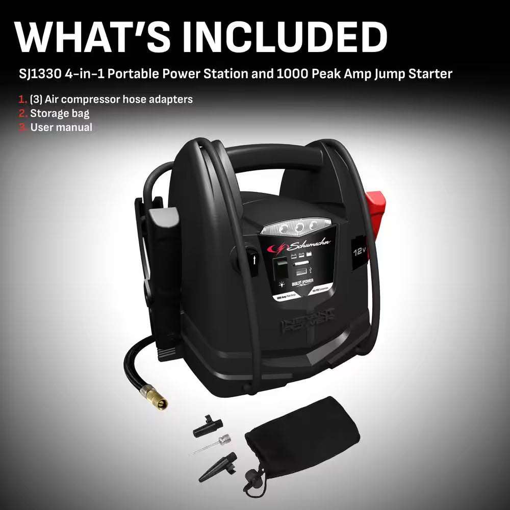 Automotive 12 Volt 1000 Amp Jump Starter and Portable Power Station with Air Compressor