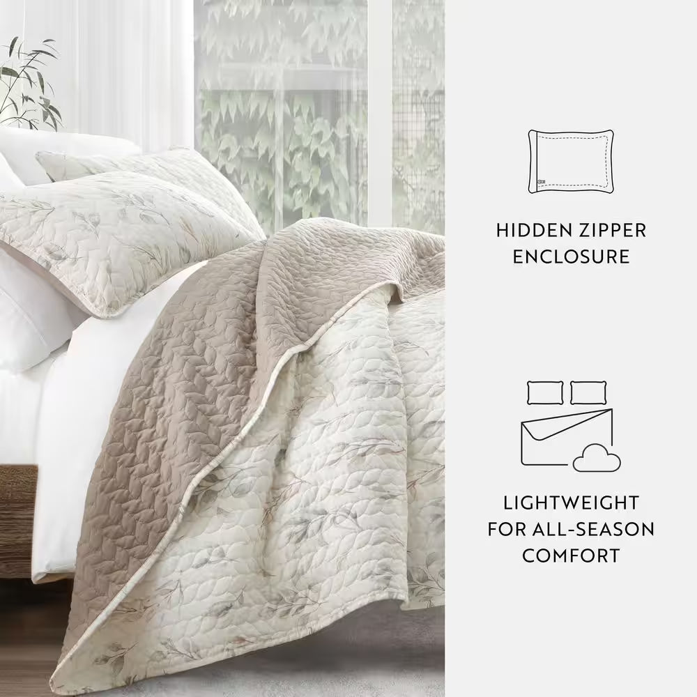 All Season 3-Pcs Latte Watercolor Leaves/Stripe Reversible Microfiber Quilt Set with Shams