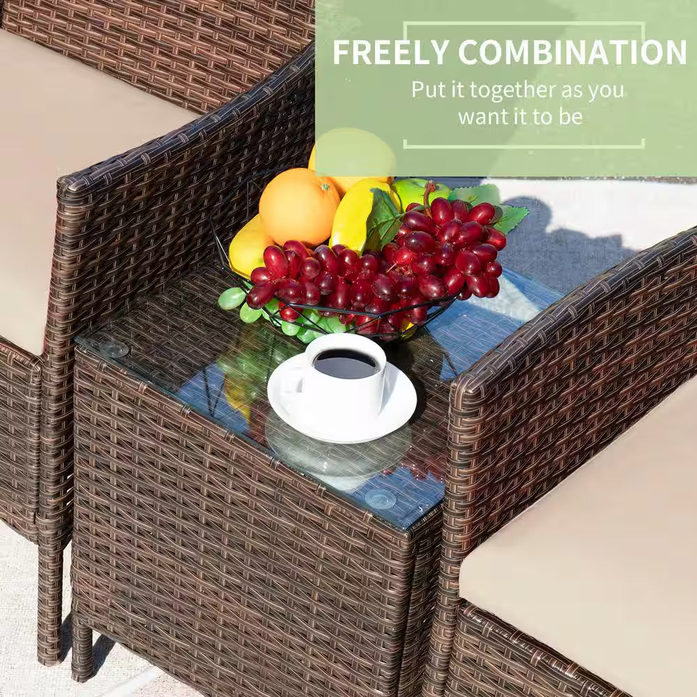 Brown 3-Pieces Patio Furniture PE Rattan Outdoor Conversation Set W/Table Backyard Garden Set with Beige Cushion