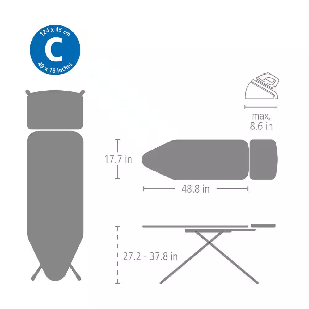 Ironing Board C 49 X 18 in with Solid Steam Unit Holder, Denim Black Cover and Black Frame
