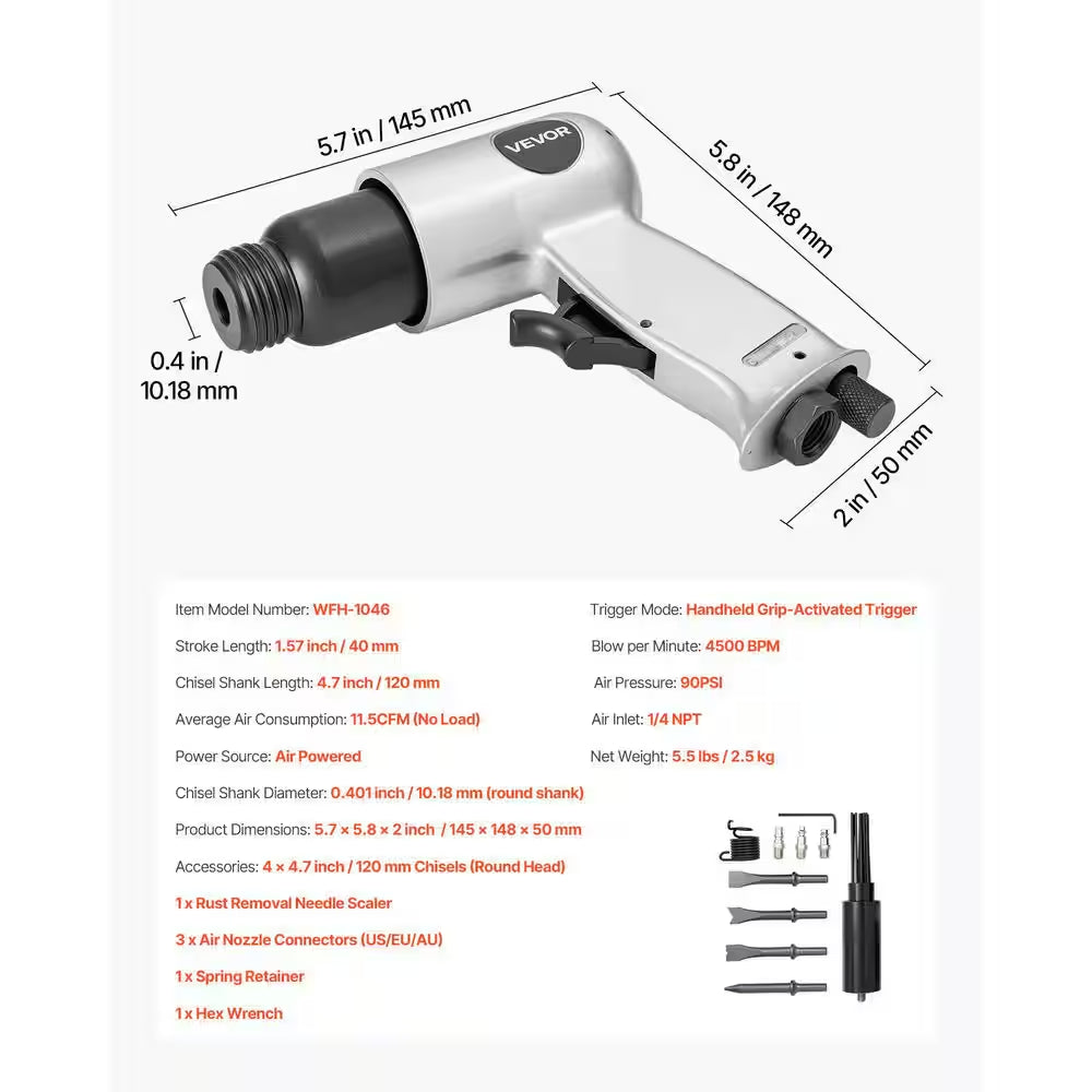 Air Hammer, 4500BPM Pneumatic Hammer with Rust Removal Air Needle Scaler and 4-Pieces Chisels round Shank, Air Chisel