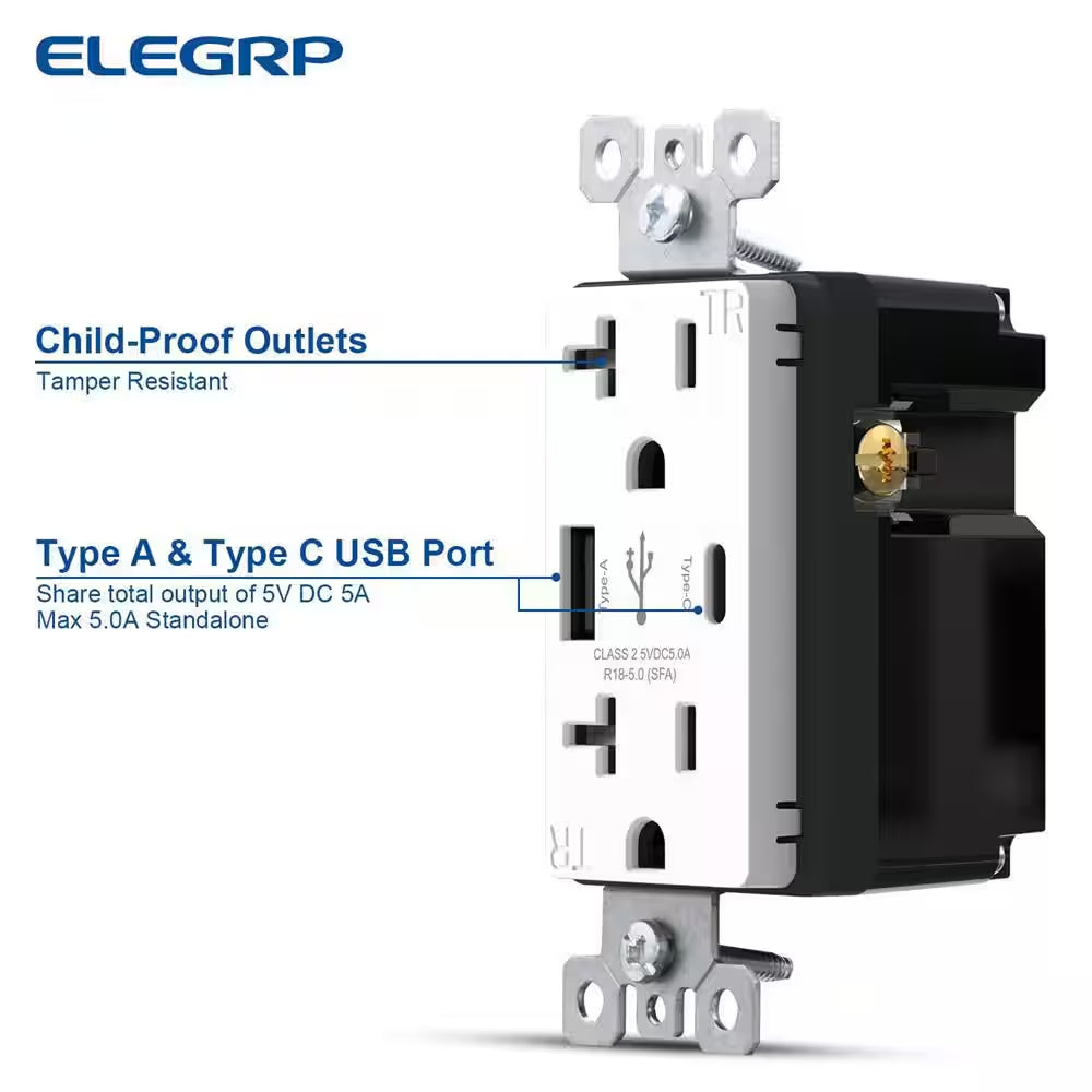25-Watt 20 Amp Type a & C Dual USB Wall Charger with Duplex Tamper Resistant Outlet Wall Plate Included, White (2-Pack)
