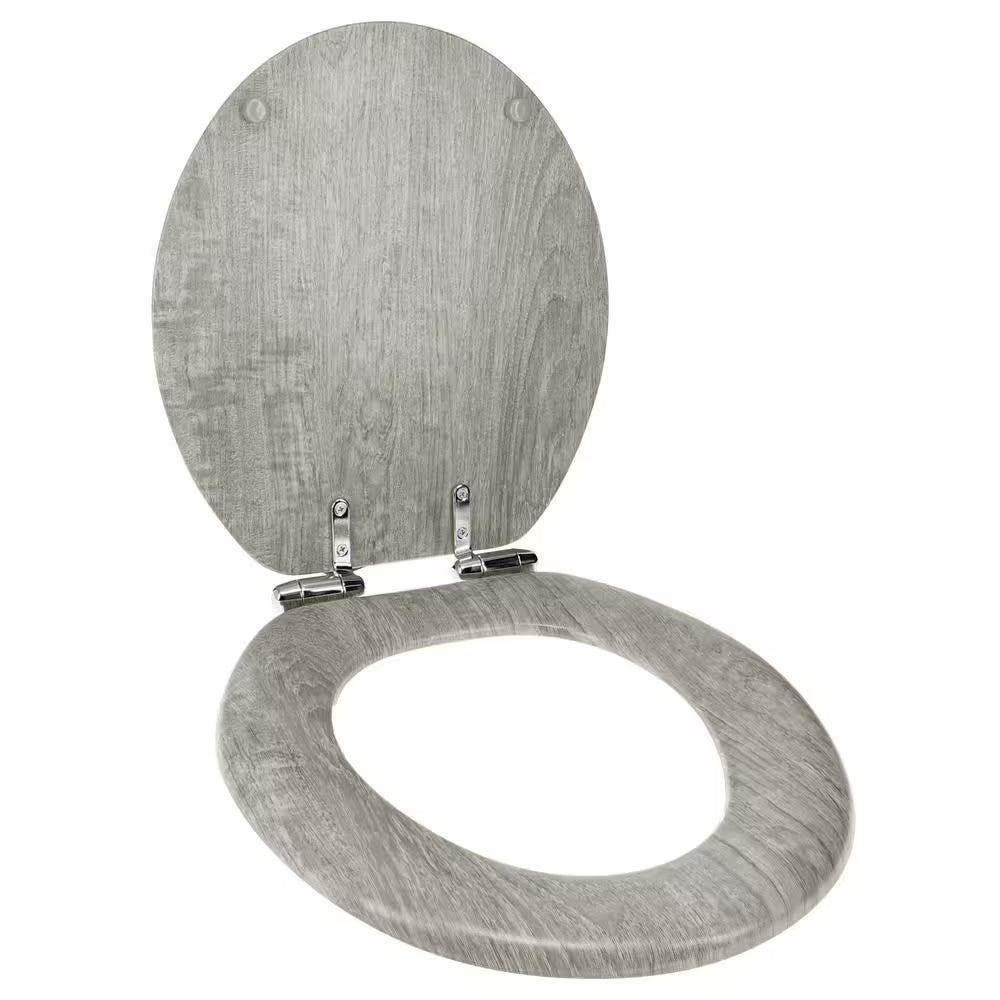 Round Distressed Wood Closed Front Toilet Seat in Gray