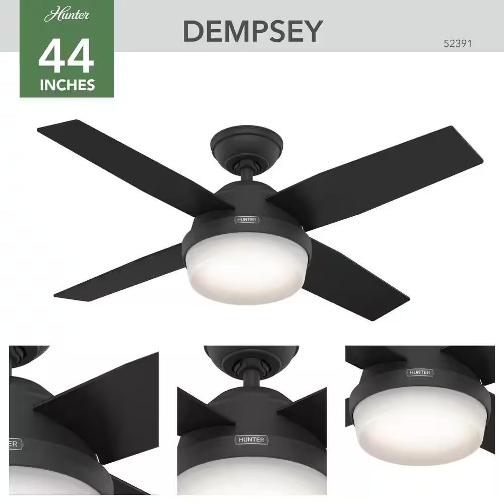 Dempsey 44 In. Indoor Matte Black Ceiling Fan with Remote and Light Kit Included