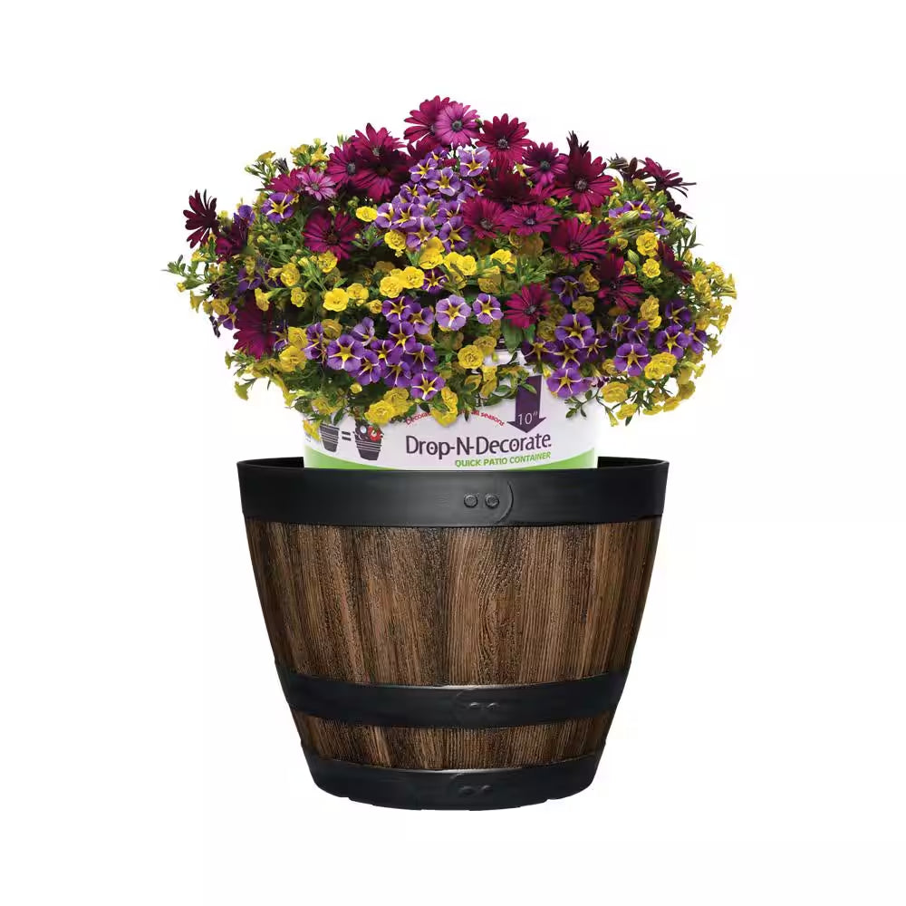 Reedley Medium Walnut Brown Resin Wine Barrel Lightweight round Planter (11.33 In. L X 11.33 In. W X 8.51 In. H)