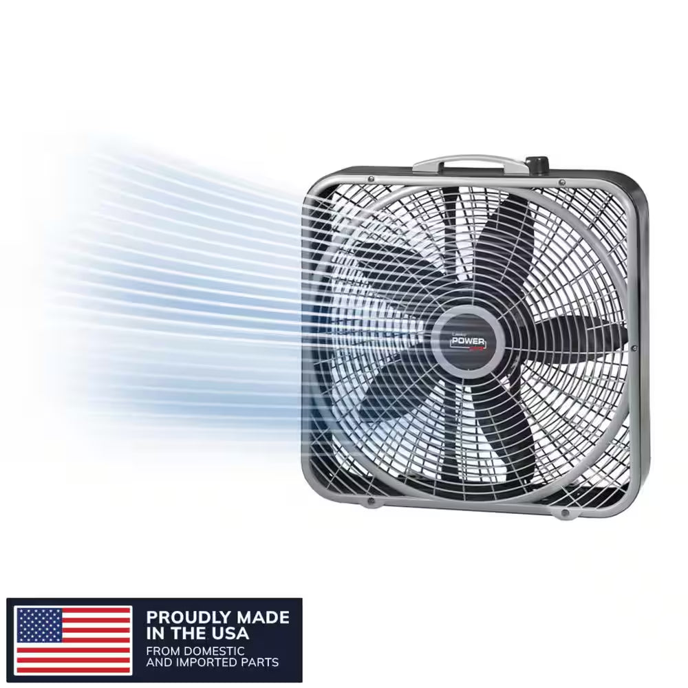 Power plus 20 In. 3 Speed Box Fan for Home in Gray with Weather Shield Design for Window Use, 2000 CFM, Carry Handle