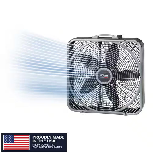 Power plus 20 In. 3 Speed Box Fan for Home in Gray with Weather Shield Design for Window Use, 2000 CFM, Carry Handle