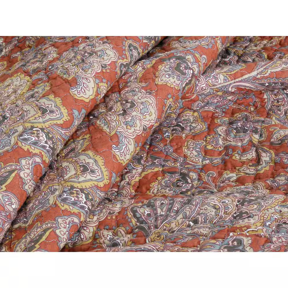 Vintage Rustic Bronze Country Paisley Fall Floral 3-Piece Copper Gray Red Orange Beige Cotton King Quilt Bedding Set