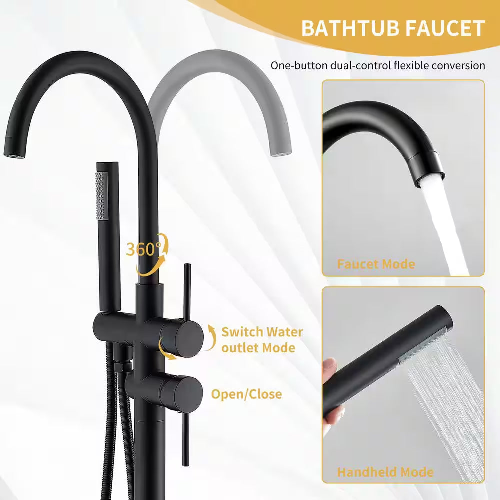 2 Handle Freestanding Tub Faucet with Hand Shower and Feature in Matter Black